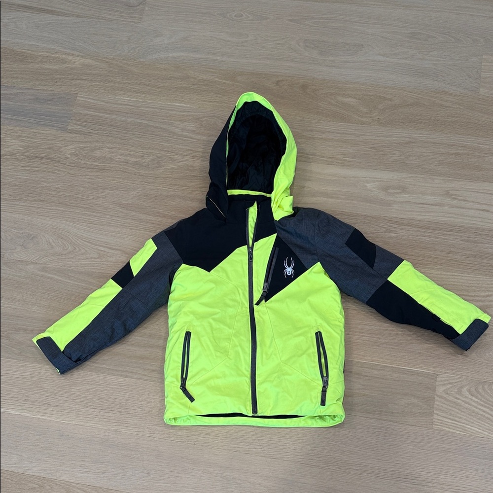 Spyder Kids Neon Yellow, Black and Charcoal Ski Jacket